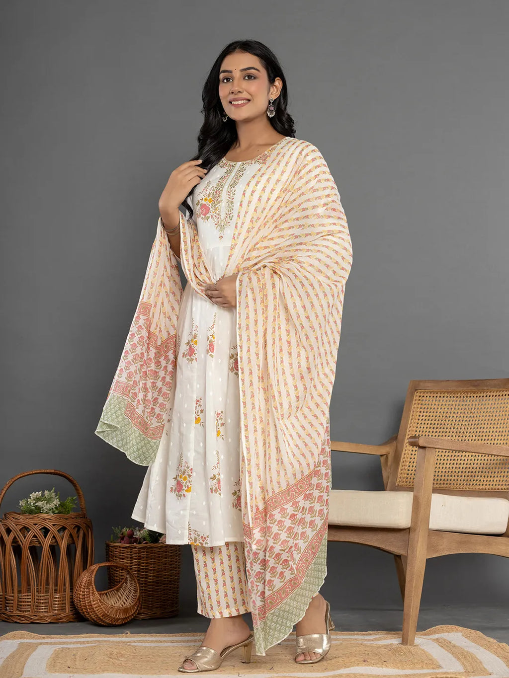 Yufta Pink Gota_Patti Cotton Anarkali Kurta Dupatta Pant Set | Grocsy
