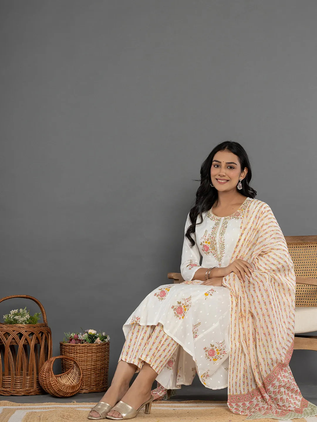 Yufta Pink Gota_Patti Cotton Anarkali Kurta Dupatta Pant Set | Grocsy