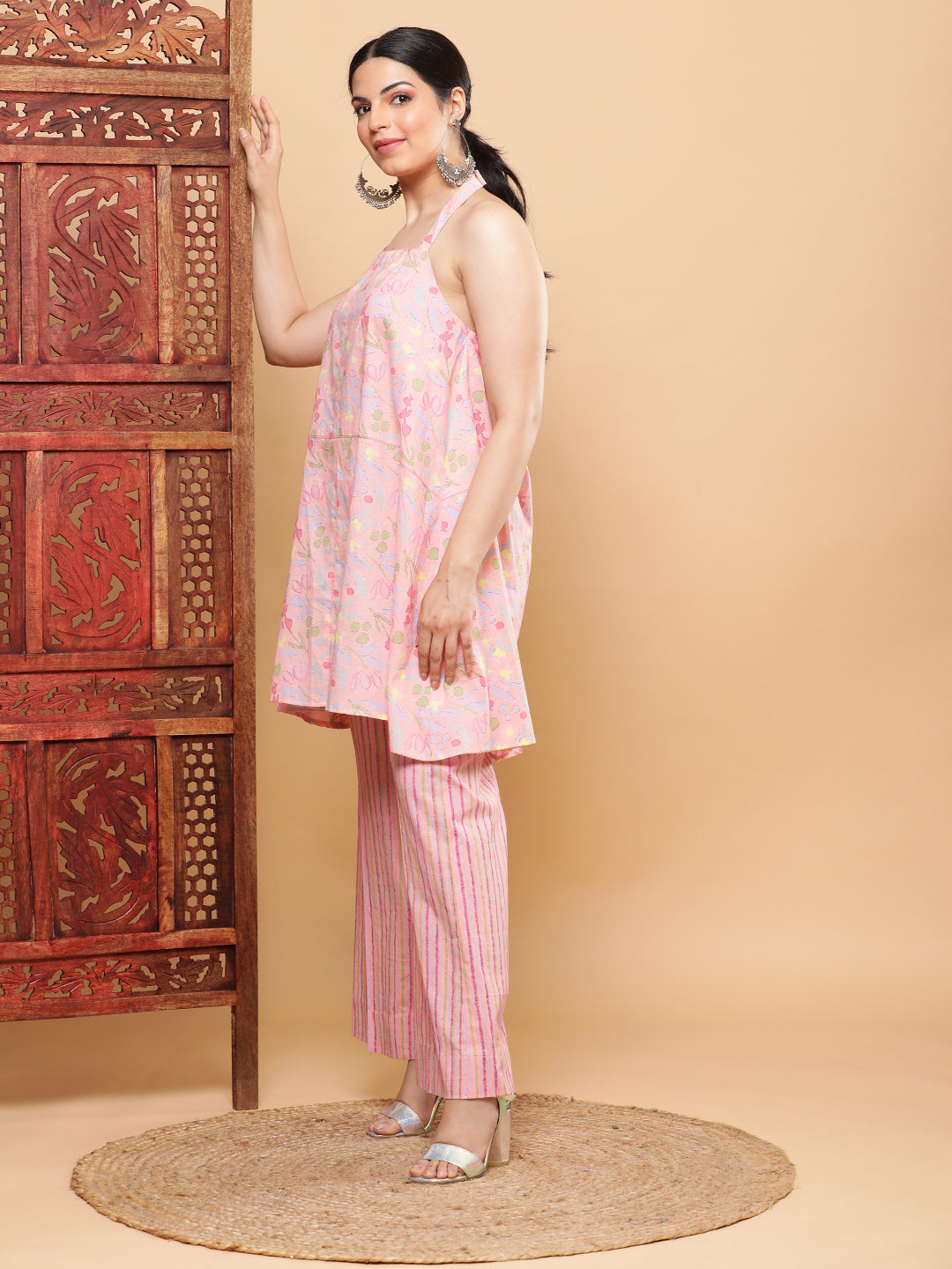 BohoJazz Pink Vacay Halter Top with Comfort Pants Co-ord Set | Grocsy