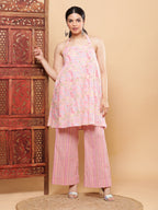 BohoJazz Pink Vacay Halter Top with Comfort Pants Co-ord Set | Grocsy