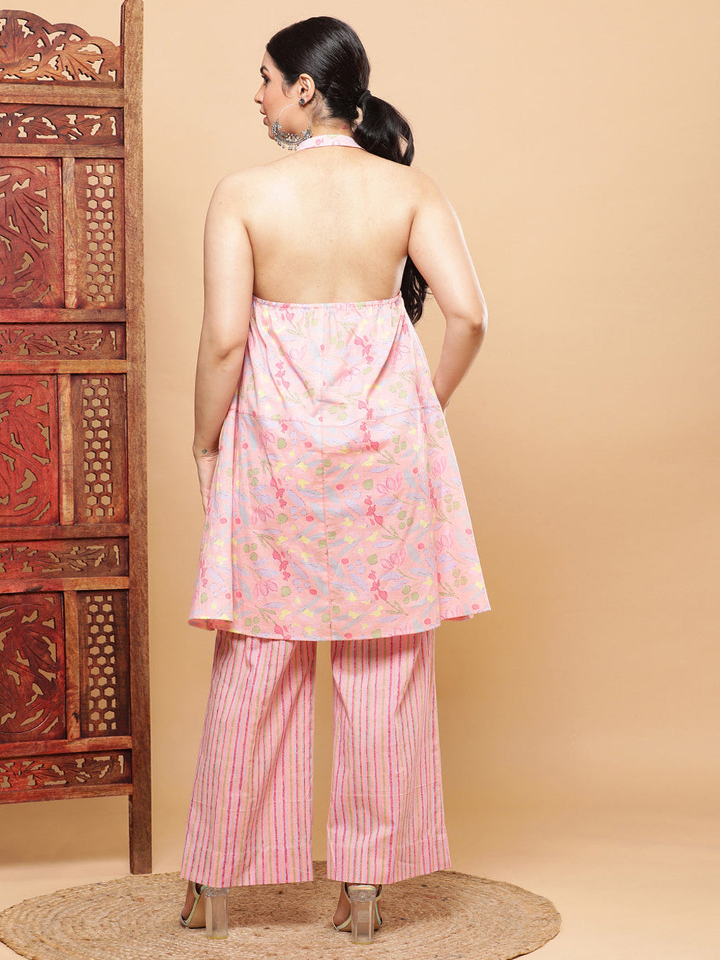 BohoJazz Pink Vacay Halter Top with Comfort Pants Co-ord Set | Grocsy
