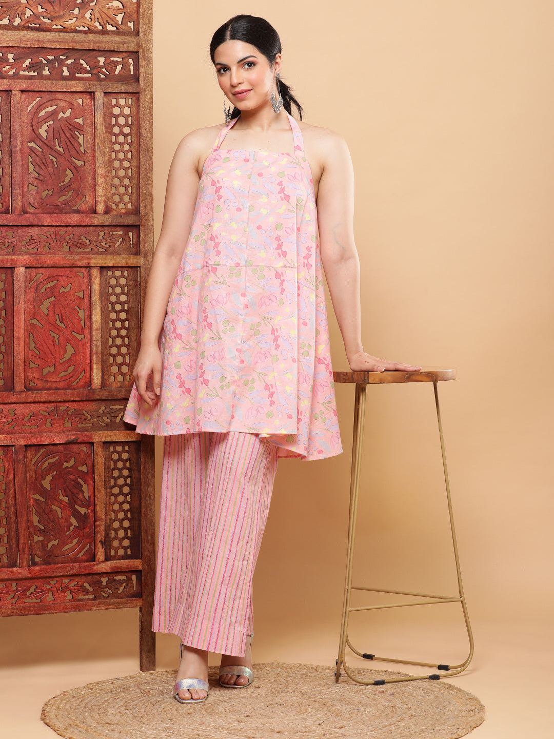 BohoJazz Pink Vacay Halter Top with Comfort Pants Co-ord Set | Grocsy