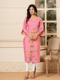 Yufta Pink Hand Painted Straight Kurta | Grocsy