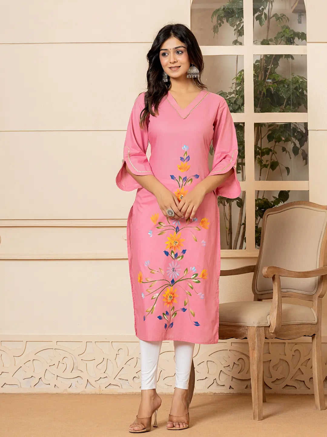 Yufta Pink Hand Painted Straight Kurta | Grocsy