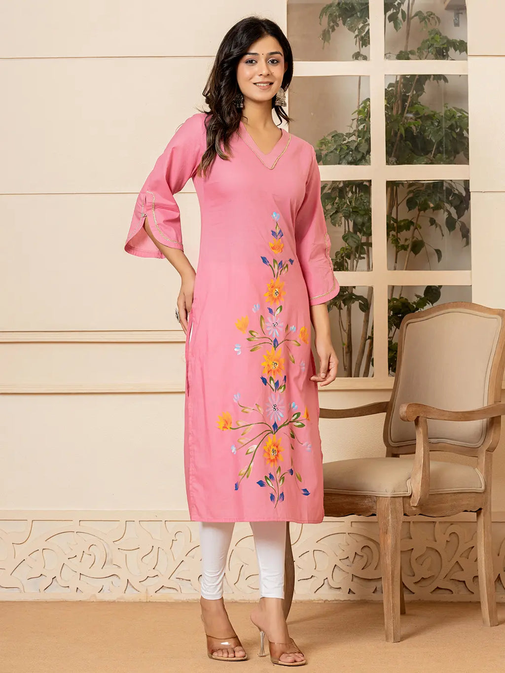 Yufta Pink Hand Painted Straight Kurta | Grocsy