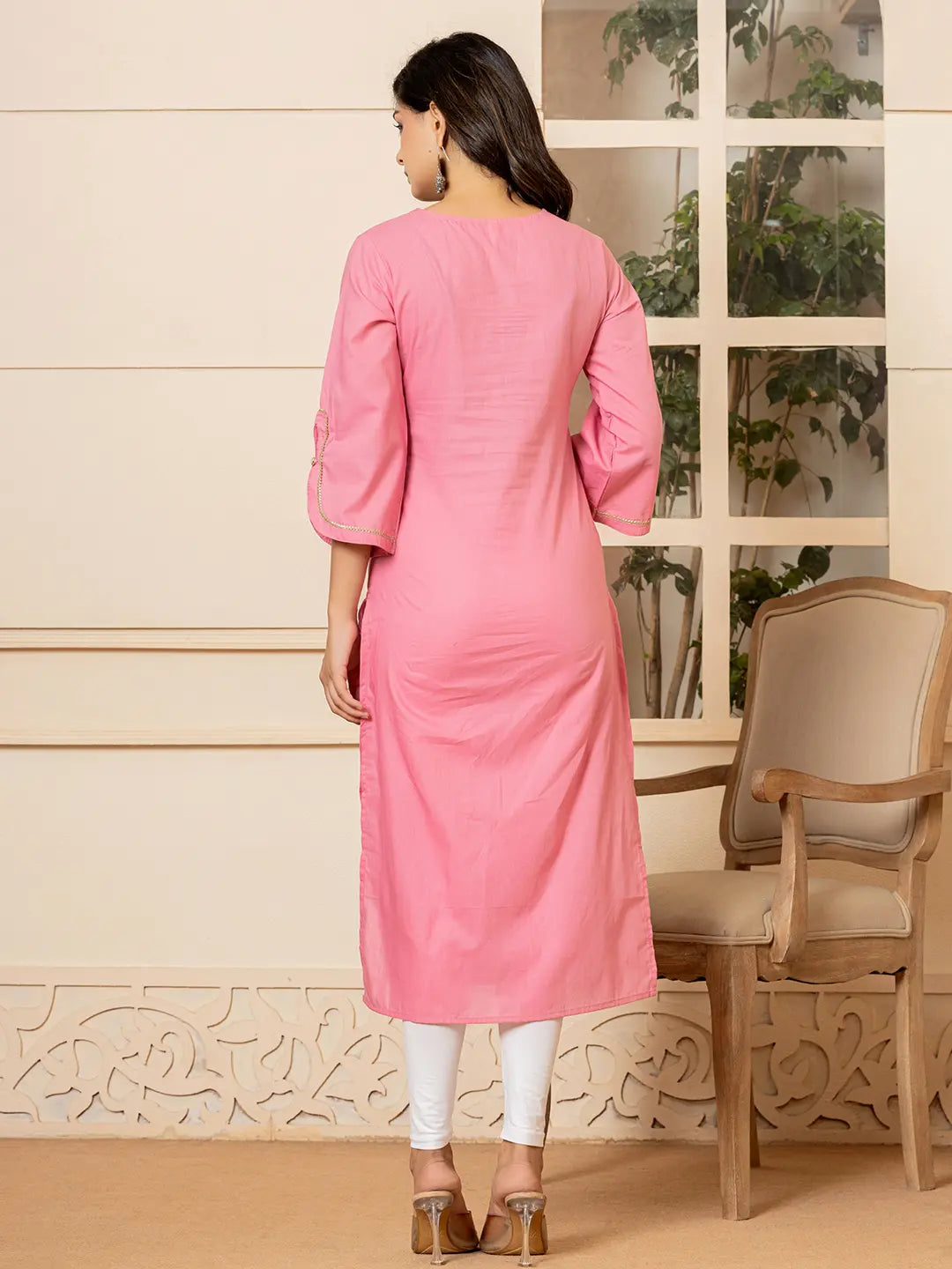 Yufta Pink Hand Painted Straight Kurta | Grocsy