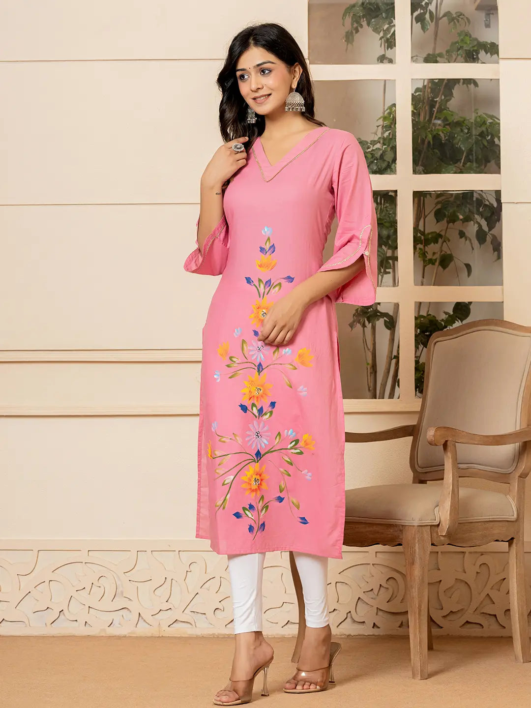 Yufta Pink Hand Painted Straight Kurta | Grocsy