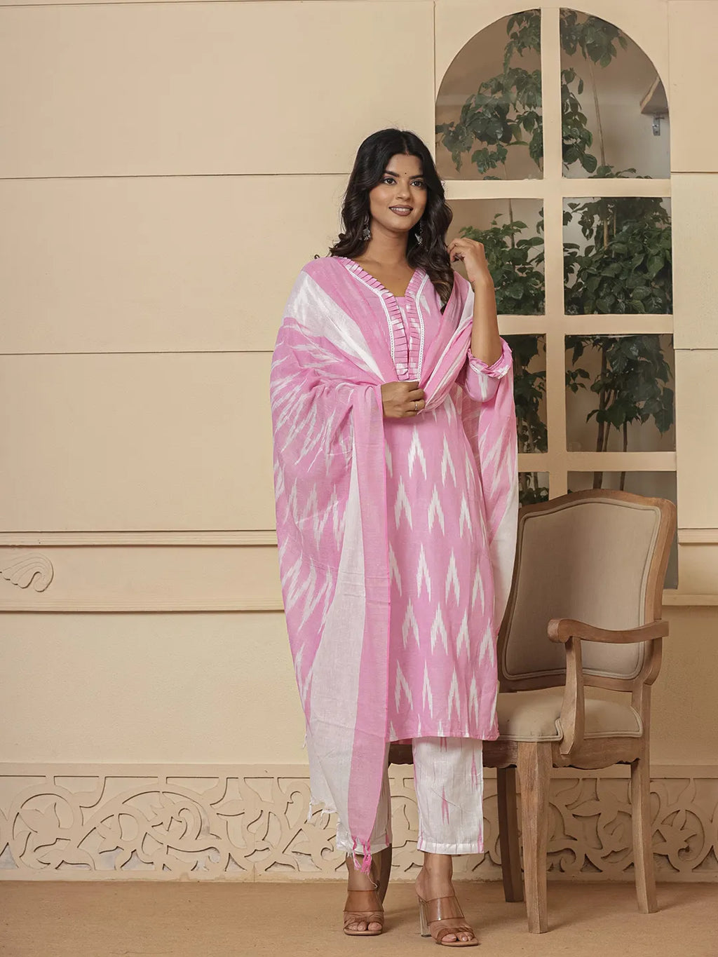 Yufta Pink Ikat Print Straight Strappy Kurta Trouser And Dupatta Set | Grocsy