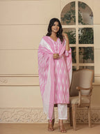 Yufta Pink Ikat Print Straight Strappy Kurta Trouser And Dupatta Set | Grocsy