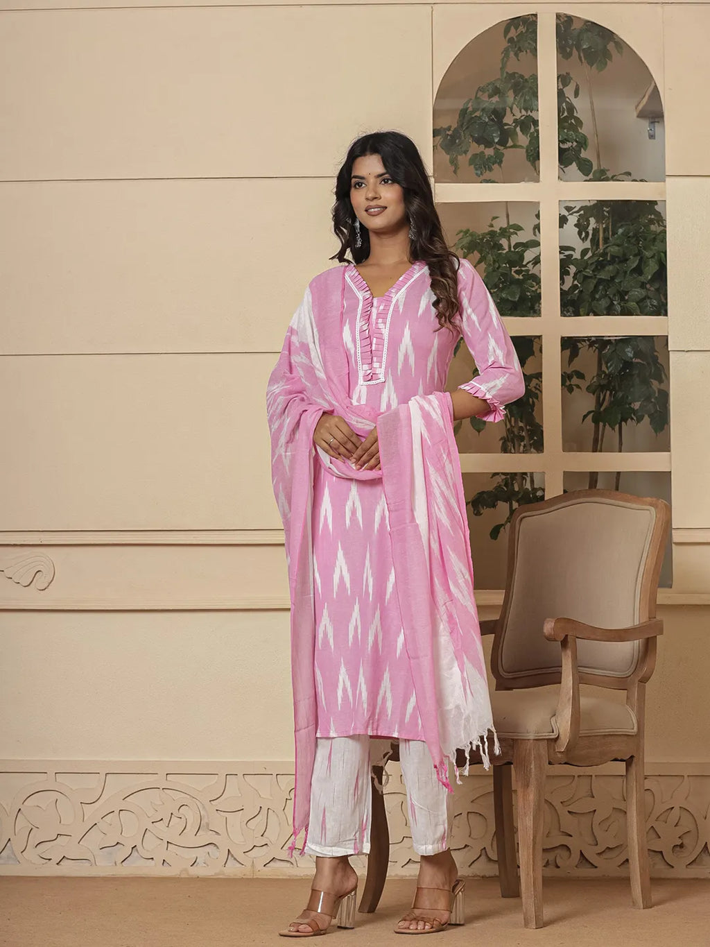 Yufta Pink Ikat Print Straight Strappy Kurta Trouser And Dupatta Set | Grocsy