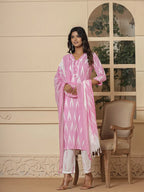 Yufta Pink Ikat Print Straight Strappy Kurta Trouser And Dupatta Set | Grocsy