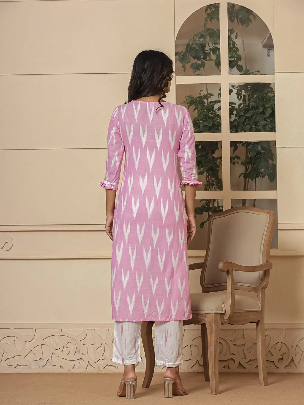 Yufta Pink Ikat Print Straight Strappy Kurta Trouser And Dupatta Set | Grocsy