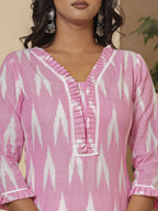 Yufta Pink Ikat Print Straight Strappy Kurta Trouser And Dupatta Set | Grocsy