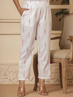 Yufta Pink Ikat Print Straight Strappy Kurta Trouser And Dupatta Set | Grocsy