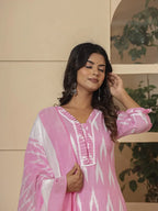 Yufta Pink Ikat Print Straight Strappy Kurta Trouser And Dupatta Set | Grocsy
