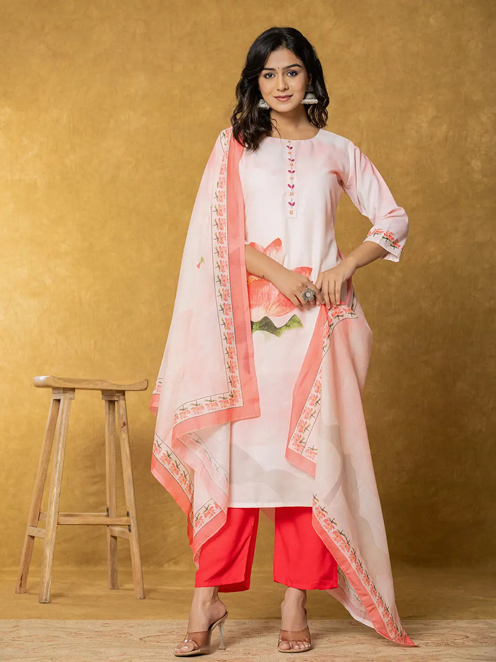 Yufta Pink Linen Kurta Dupatta Pant Set | Grocsy