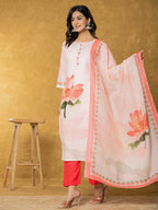 Yufta Pink Linen Kurta Dupatta Pant Set | Grocsy