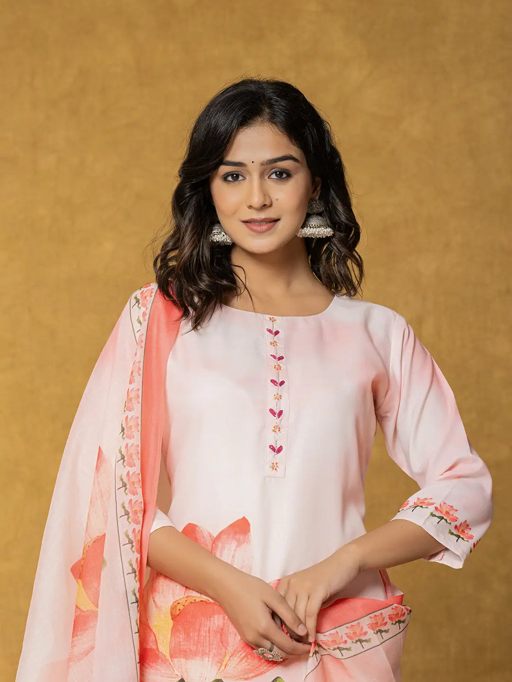 Yufta Pink Linen Kurta Dupatta Pant Set | Grocsy