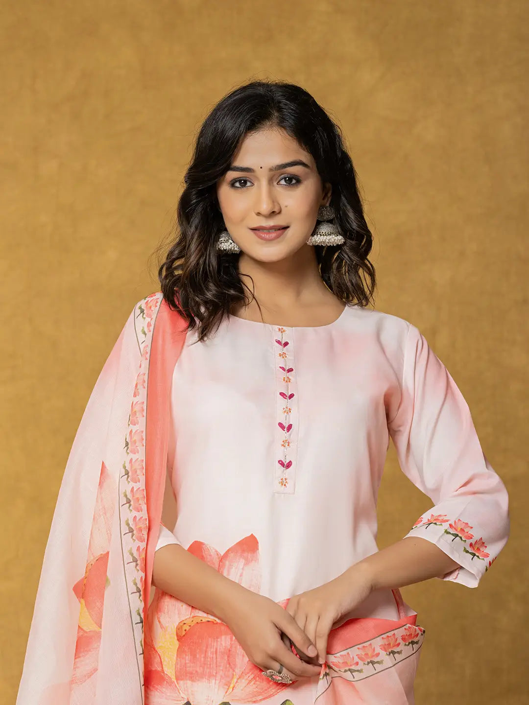 Yufta Pink Linen Kurta Dupatta Pant Set | Grocsy