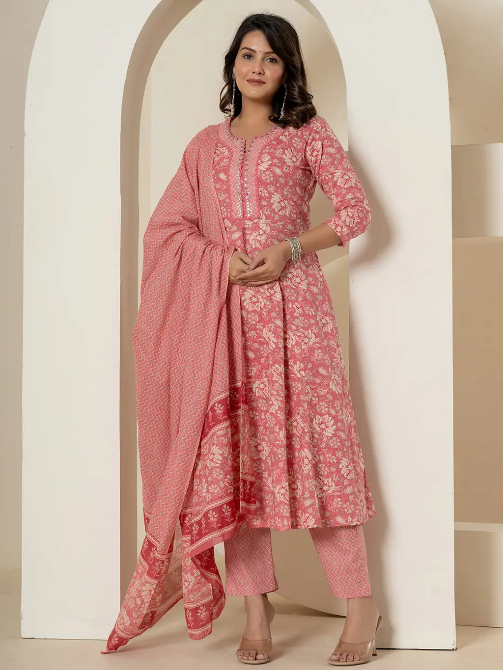 Yufta Pink Mirror_Work Cotton Anarkali Kurta Duppta Set | Grocsy