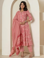 Yufta Pink Mirror_Work Cotton Anarkali Kurta Duppta Set | Grocsy