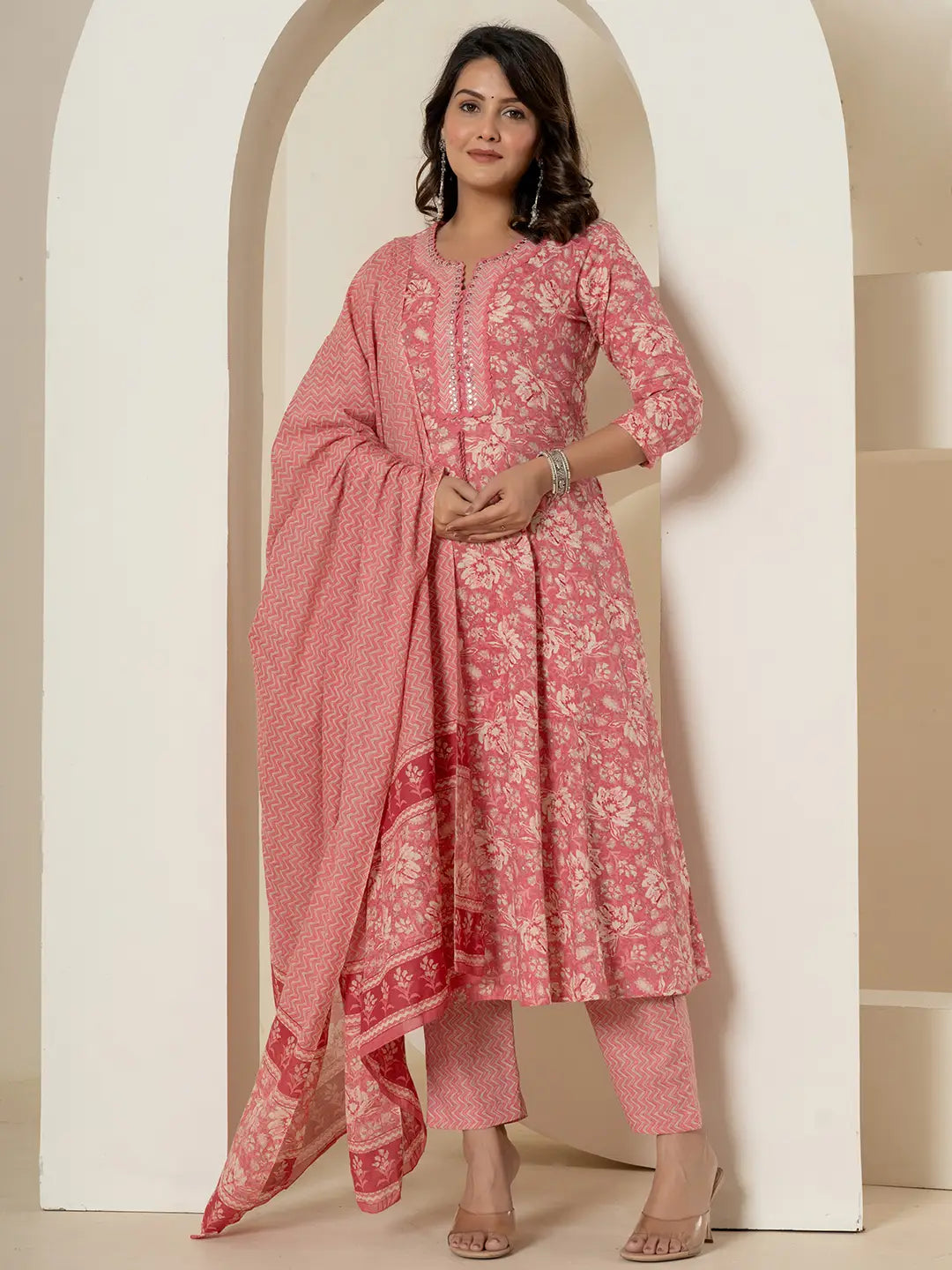 Yufta Pink Mirror_Work Cotton Anarkali Kurta Duppta Set | Grocsy