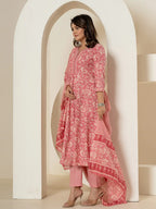Yufta Pink Mirror_Work Cotton Anarkali Kurta Duppta Set | Grocsy