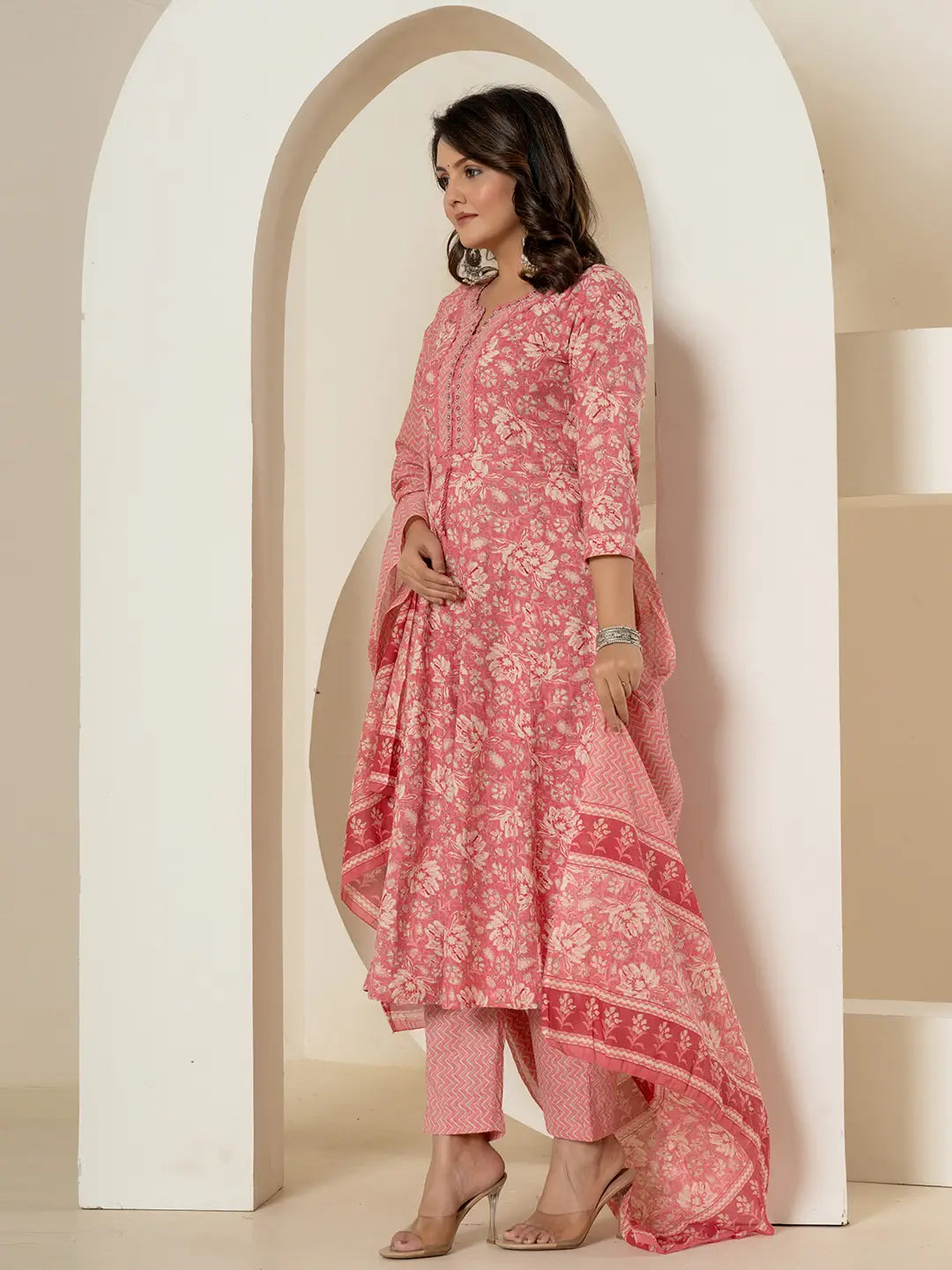 Yufta Pink Mirror_Work Cotton Anarkali Kurta Duppta Set | Grocsy