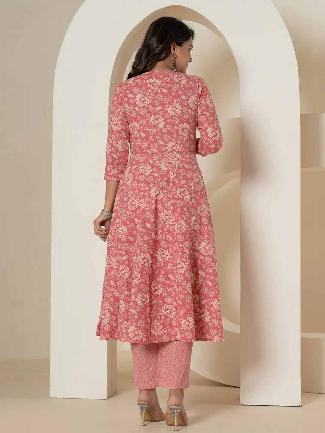 Yufta Pink Mirror_Work Cotton Anarkali Kurta Duppta Set | Grocsy