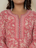 Yufta Pink Mirror_Work Cotton Anarkali Kurta Duppta Set | Grocsy