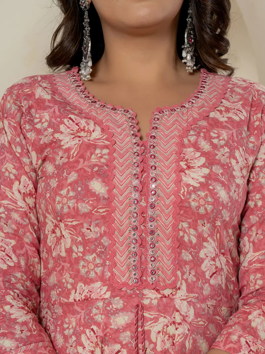 Yufta Pink Mirror_Work Cotton Anarkali Kurta Duppta Set | Grocsy