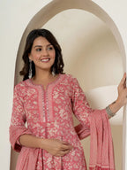 Yufta Pink Mirror_Work Cotton Anarkali Kurta Duppta Set | Grocsy