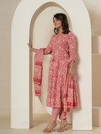 Yufta Pink Mirror_Work Cotton Anarkali Kurta Duppta Set | Grocsy