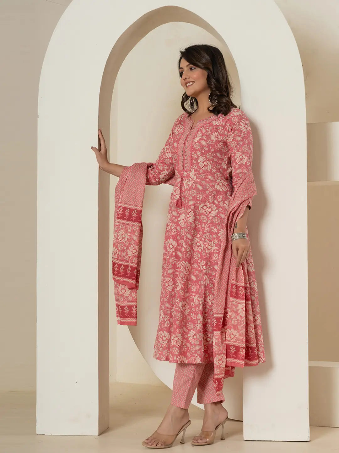 Yufta Pink Mirror_Work Cotton Anarkali Kurta Duppta Set | Grocsy