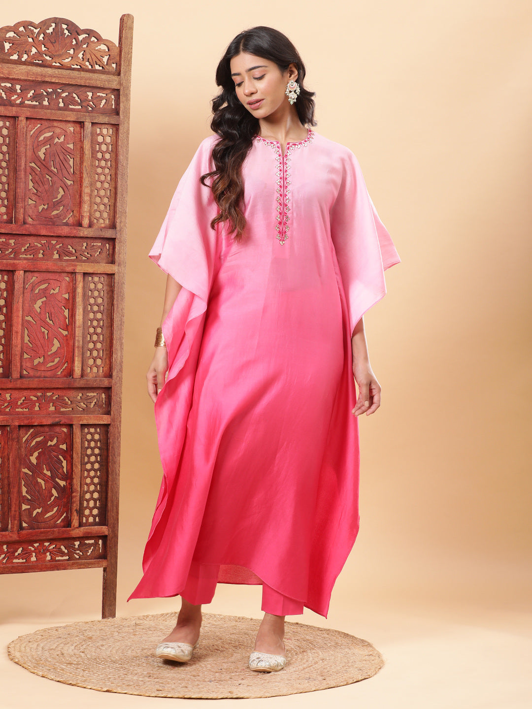 BohoJazz Pink Ombre Embroidered Kaftan with Pants | Grocsy