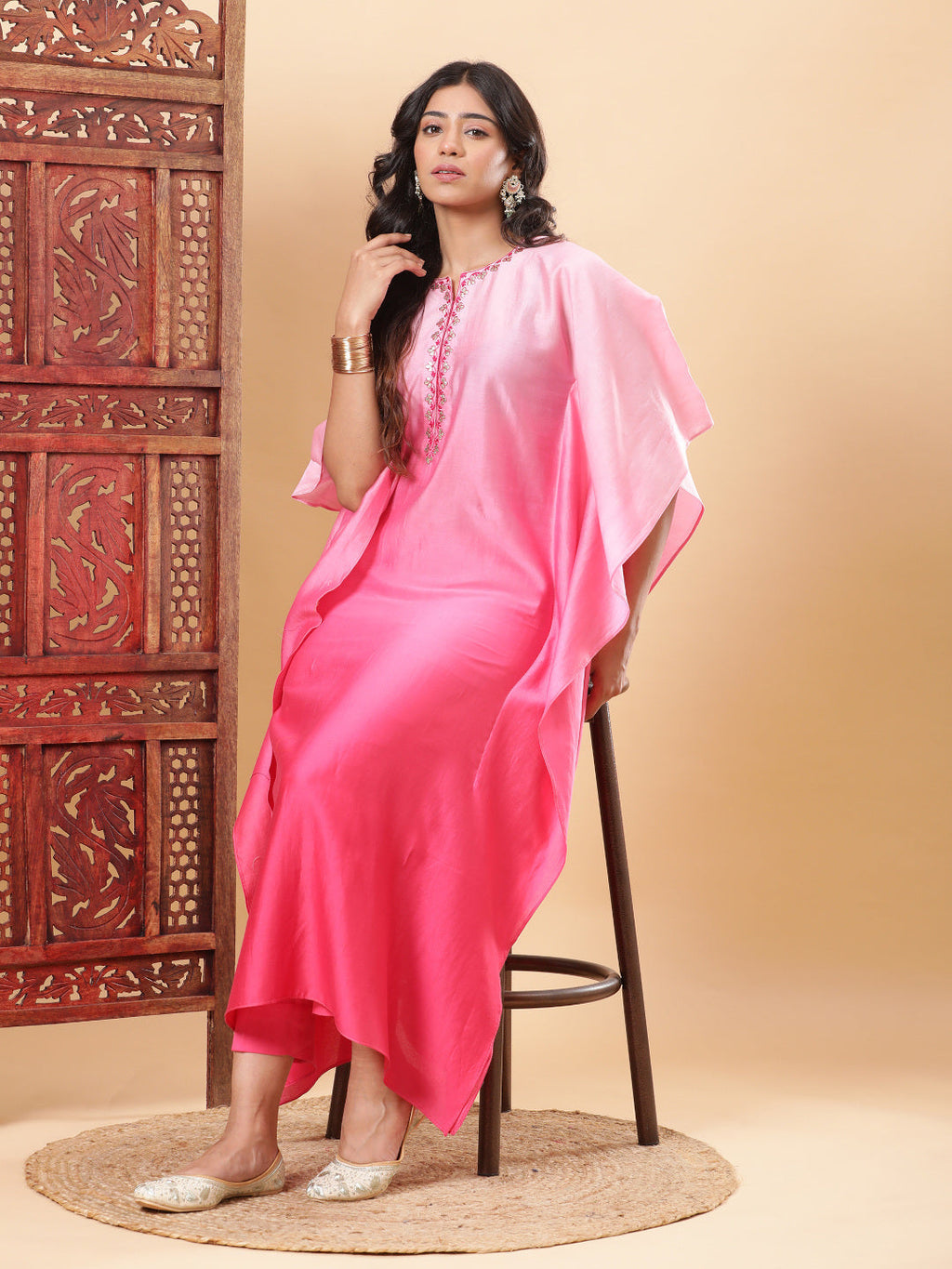 BohoJazz Pink Ombre Embroidered Kaftan with Pants | Grocsy