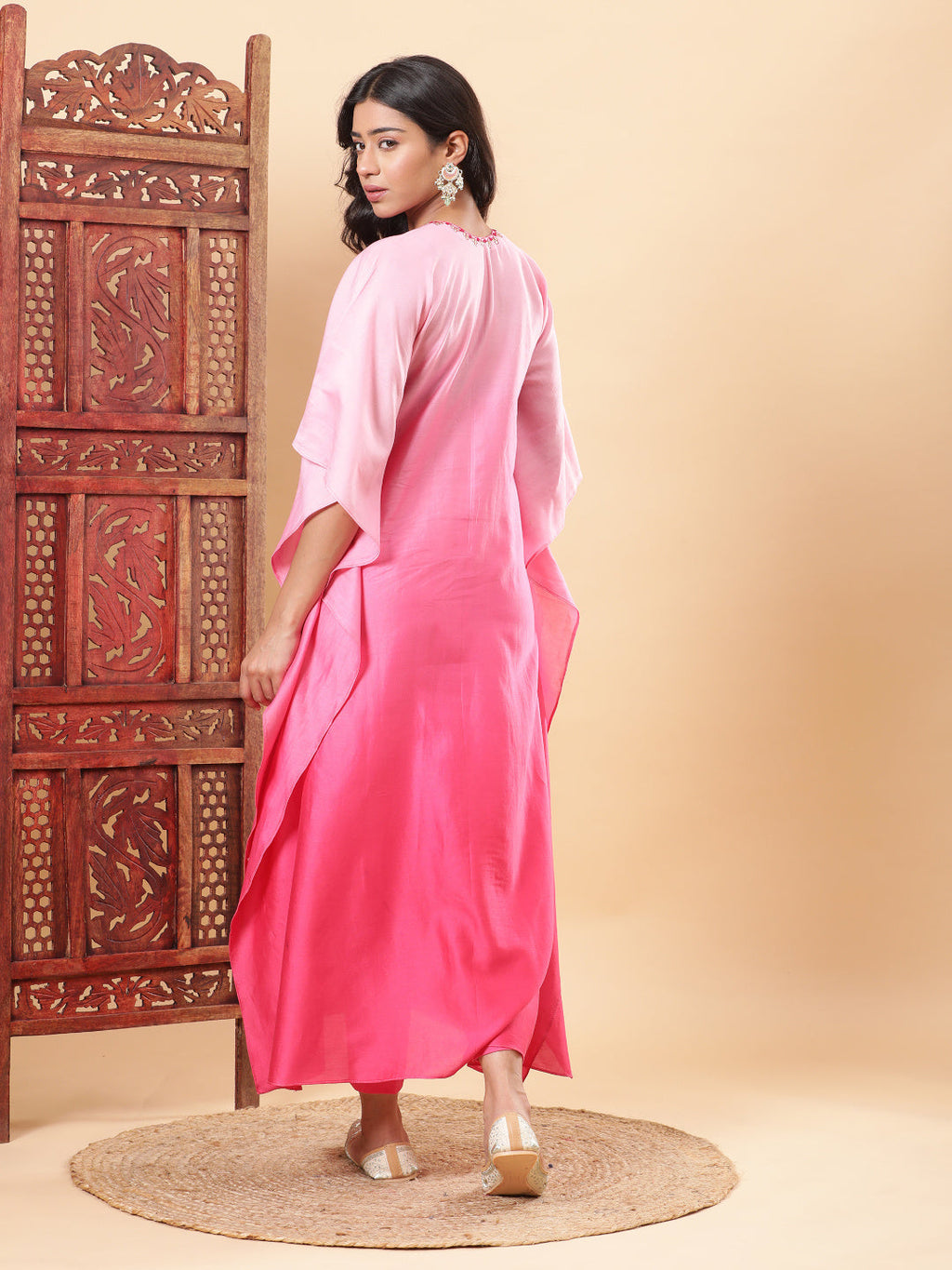 BohoJazz Pink Ombre Embroidered Kaftan with Pants | Grocsy