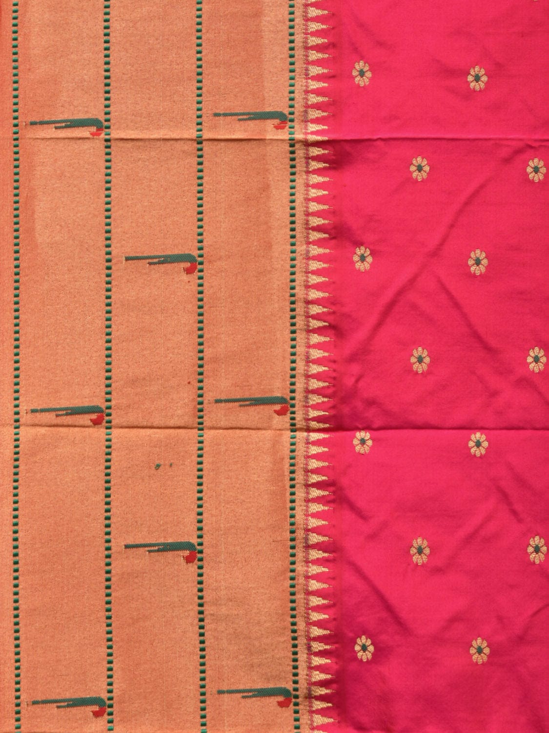 Pink Paithani Silk Handloom Saree with Triple Muniya Border Design - Global Threads | Grocsy