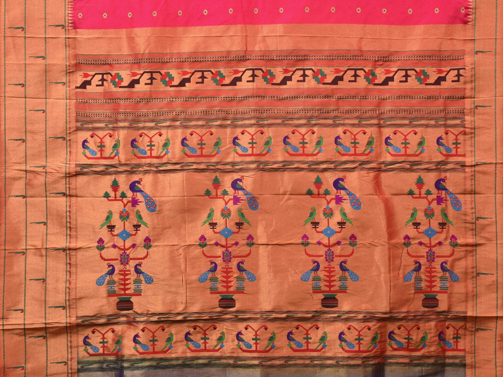 Pink Paithani Silk Handloom Saree with Triple Muniya Border Design - Global Threads | Grocsy