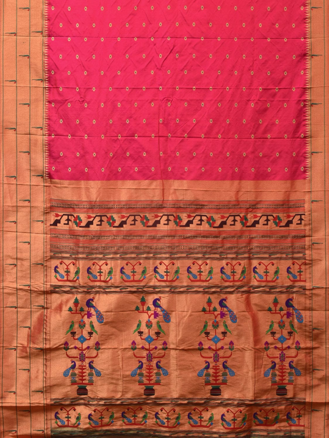 Pink Paithani Silk Handloom Saree with Triple Muniya Border Design - Global Threads | Grocsy