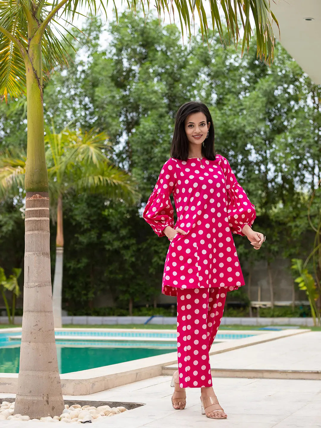 Yufta Pink Polka Dot Print Top And Trouser Co Ord Set | Grocsy