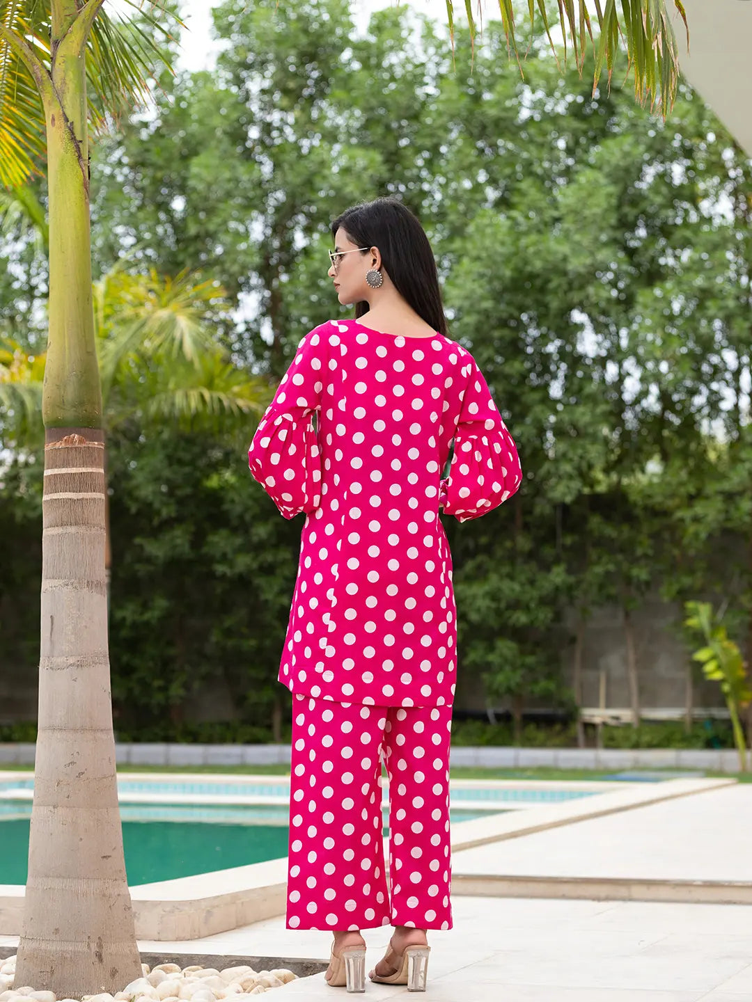 Yufta Pink Polka Dot Print Top And Trouser Co Ord Set | Grocsy