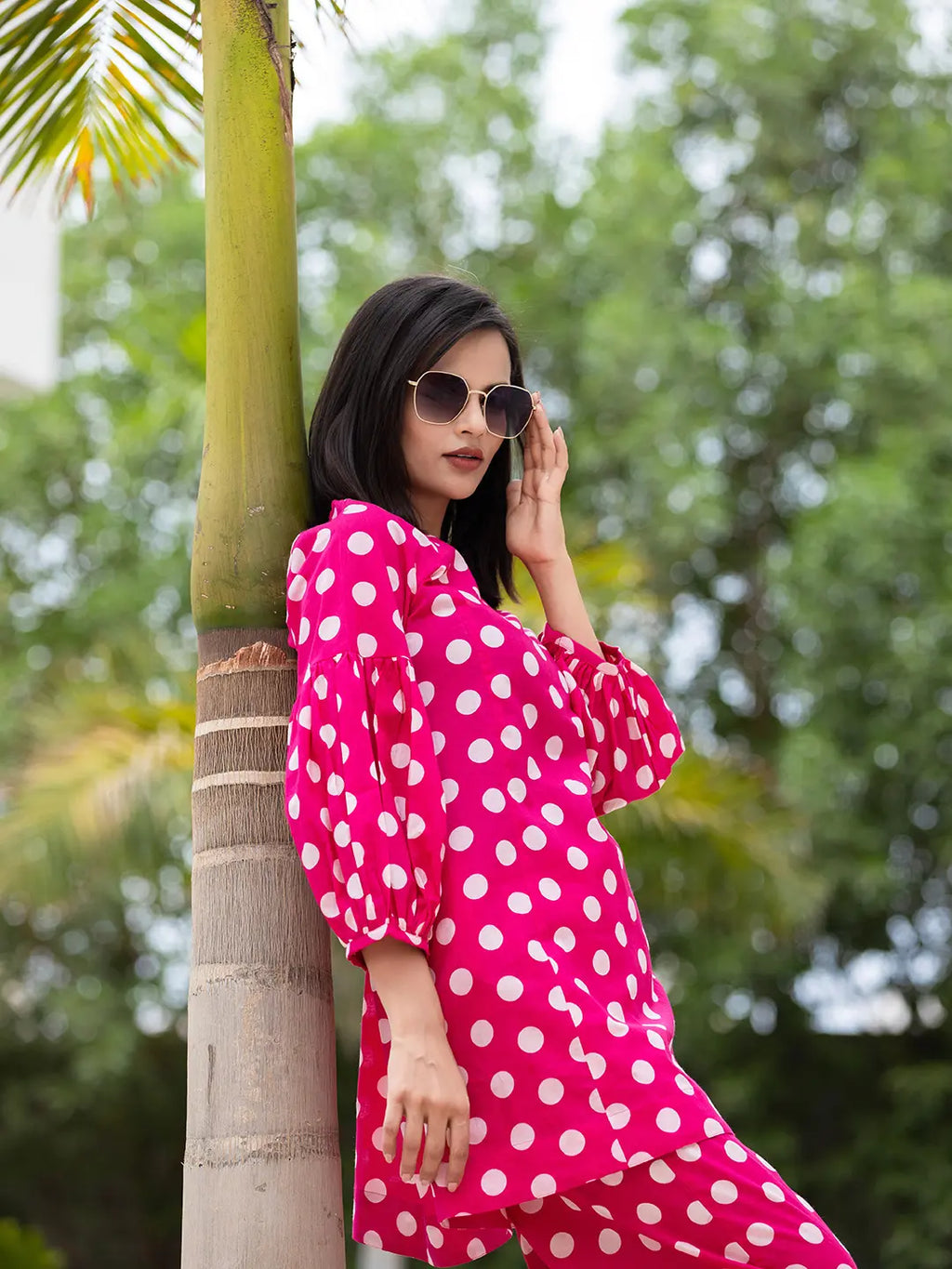 Yufta Pink Polka Dot Print Top And Trouser Co Ord Set | Grocsy