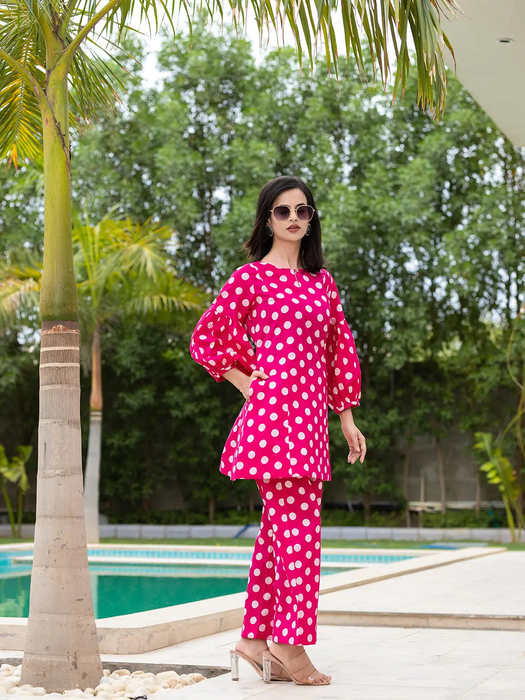 Yufta Pink Polka Dot Print Top And Trouser Co Ord Set | Grocsy