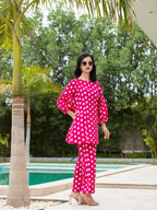 Yufta Pink Polka Dot Print Top And Trouser Co Ord Set | Grocsy
