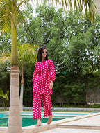 Yufta Pink Polka Dot Print Top And Trouser Co Ord Set | Grocsy