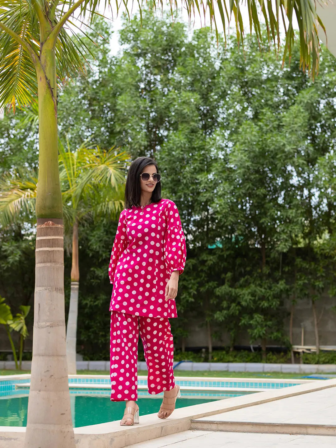 Yufta Pink Polka Dot Print Top And Trouser Co Ord Set | Grocsy
