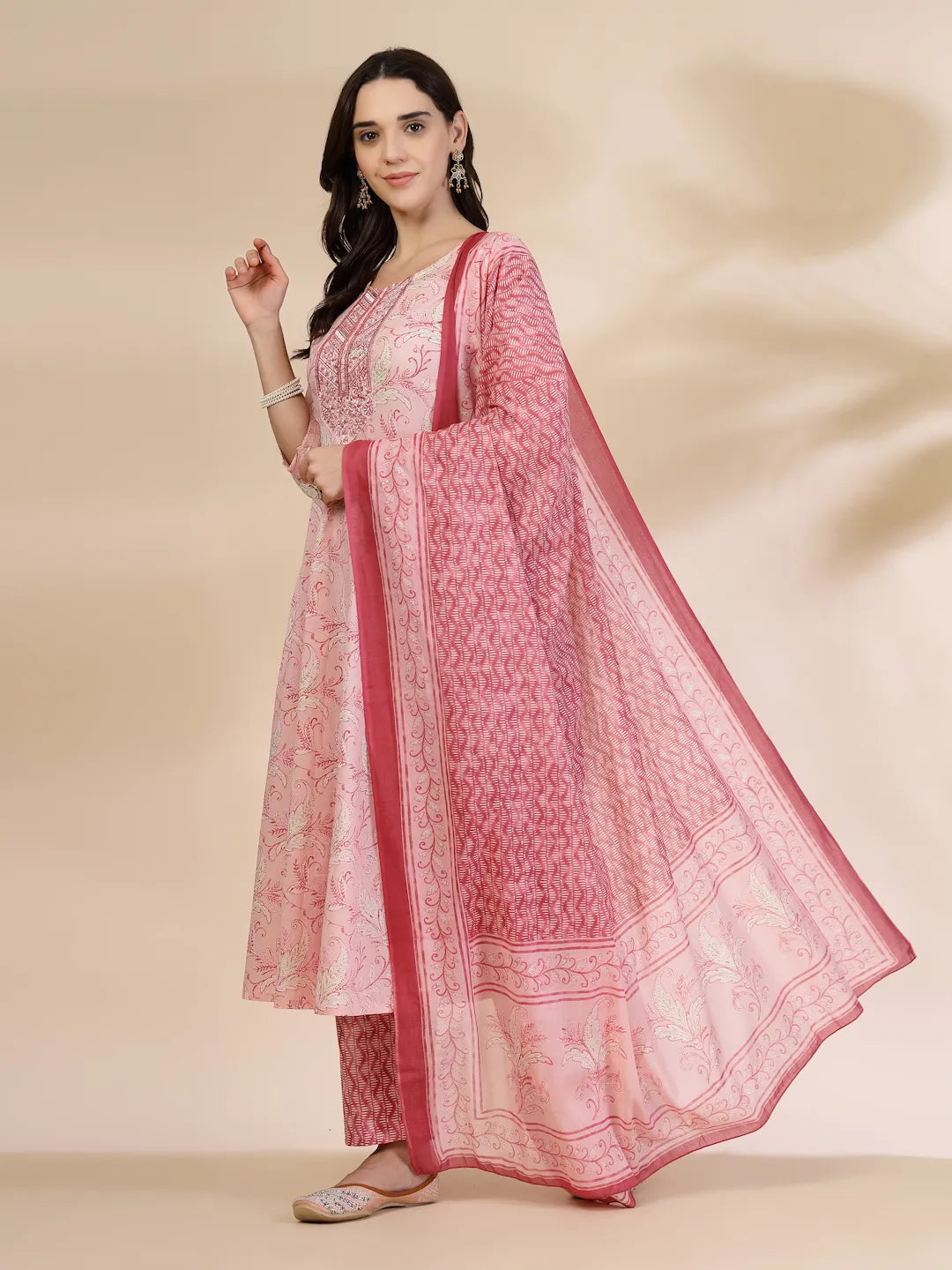 Yufta Pink Pure Cotton Anarkali Dupatta Pant Set | Grocsy