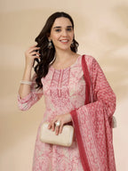 Yufta Pink Pure Cotton Anarkali Dupatta Pant Set | Grocsy