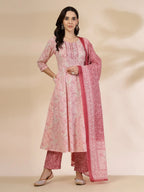 Yufta Pink Pure Cotton Anarkali Dupatta Pant Set | Grocsy